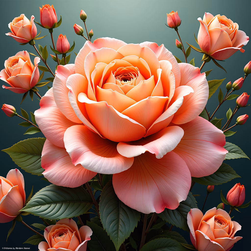 Soft peach roses with vibrant green leaves on a muted green background