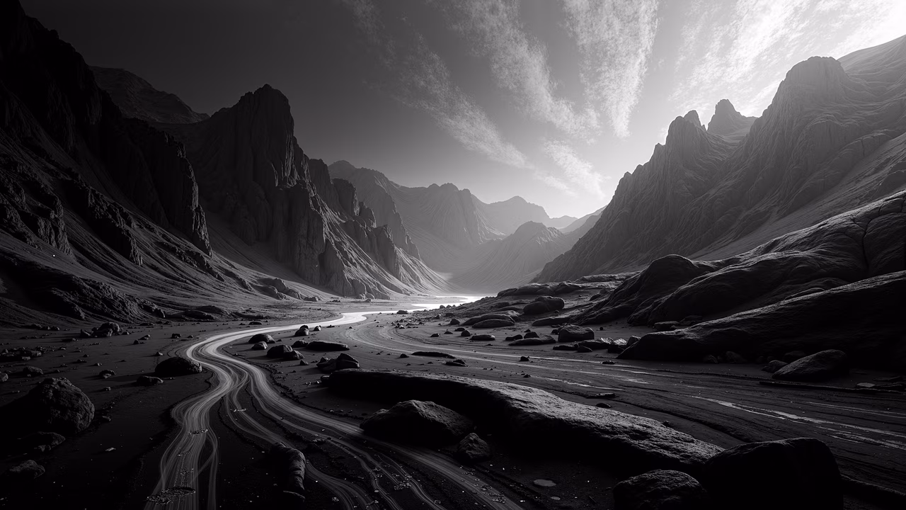 Black and white desert landscape with rugged mountains and a winding river, emphasizing texture and contrast.