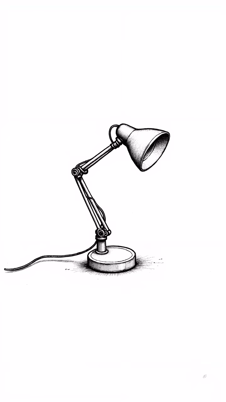 A monochrome illustration of a sleek desk lamp with a flexible arm and conical shade, emphasizing industrial design.