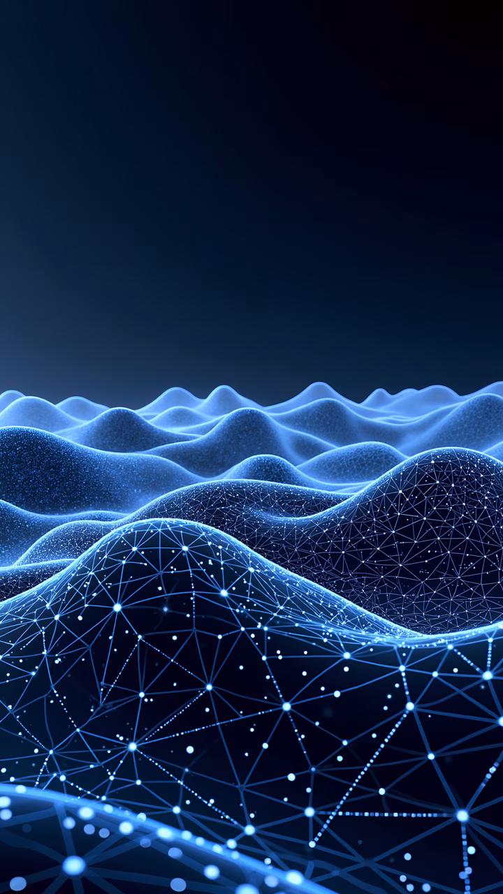 Futuristic digital landscape with glowing dots and waves on a dark blue background.
