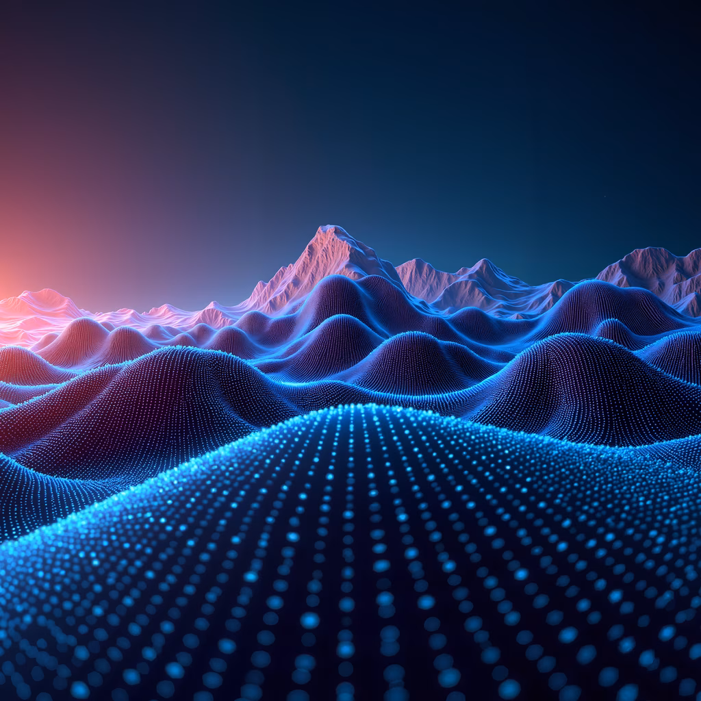 A futuristic digital landscape with vibrant blue and pink hues, featuring undulating hills and mountains.