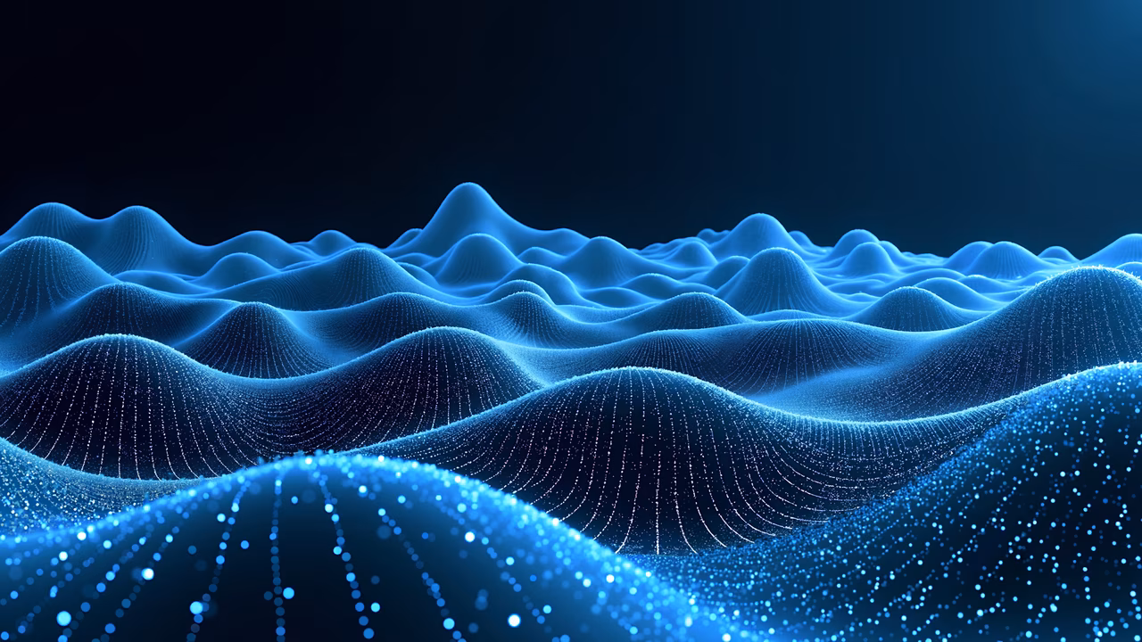 Mesmerizing digital landscape with undulating waves and glowing dots in shades of blue.