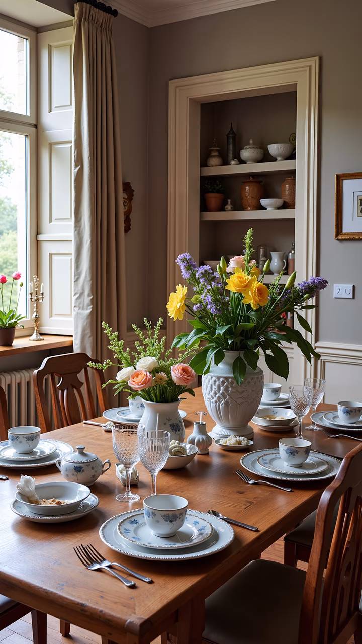 A cozy dining table setting with elegant dishes and vibrant flowers, perfect for a family meal or gathering.