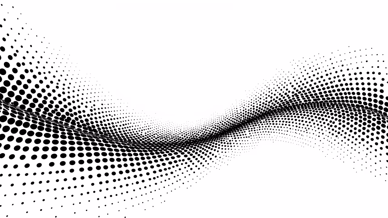Abstract art featuring a dynamic wave of black dots on a white background, creating a sense of motion and rhythm.
