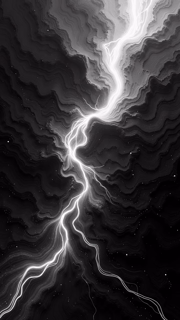 Abstract art featuring dynamic white lightning bolts on a dark, starry background.