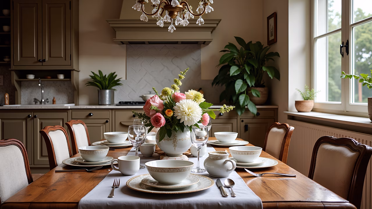 A beautifully set dining table with porcelain dishes and floral centerpiece in a cozy kitchen setting.