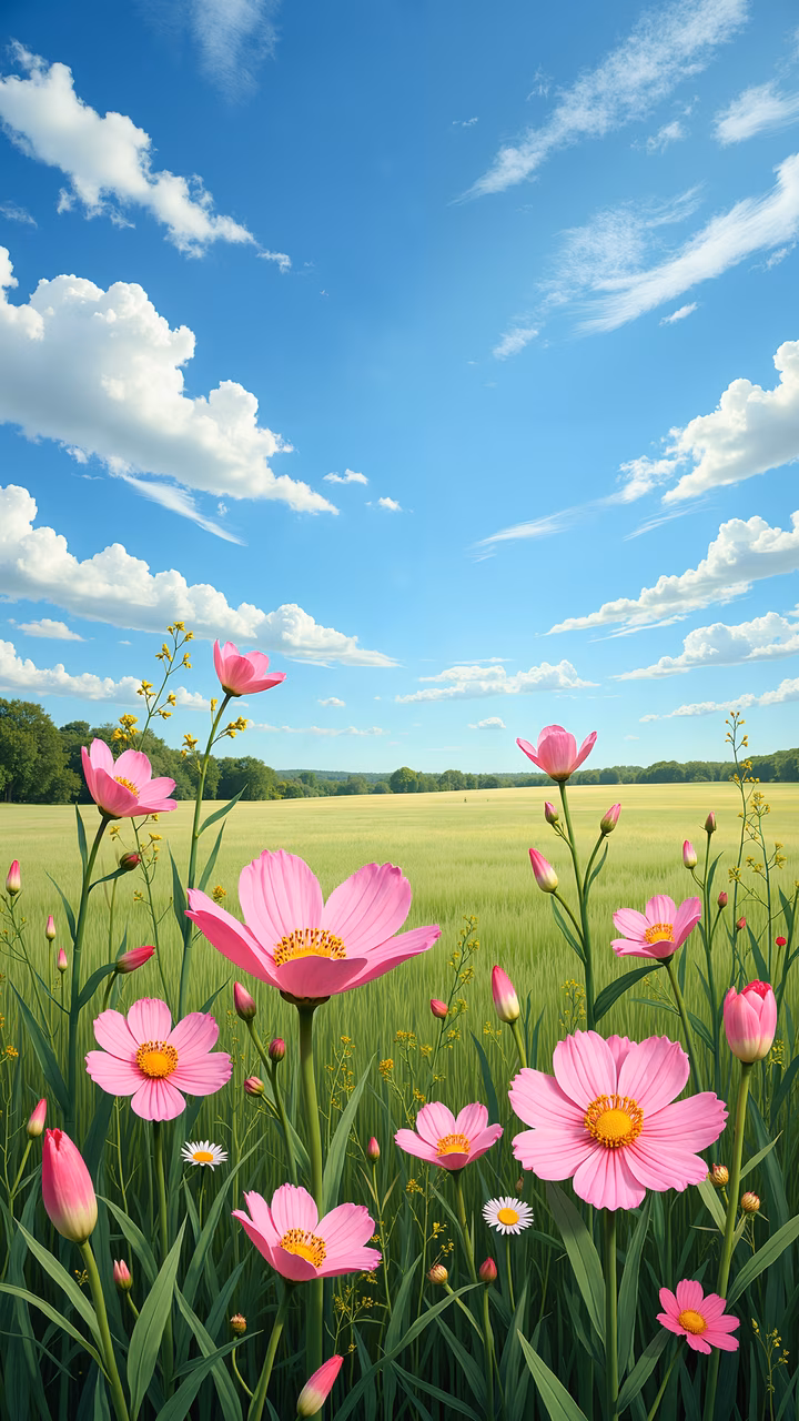 A serene field of pink flowers under a bright blue sky, perfect for nature enthusiasts and art lovers.