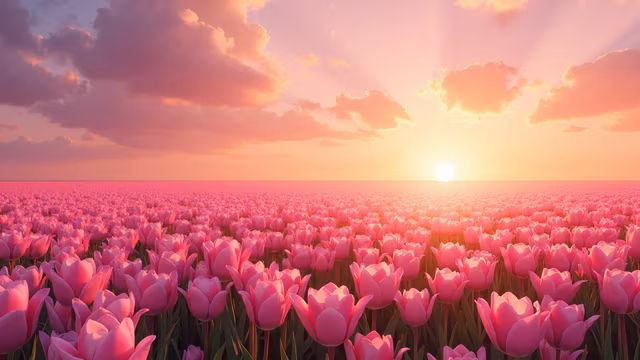 Field Of Tulips At Sunset
