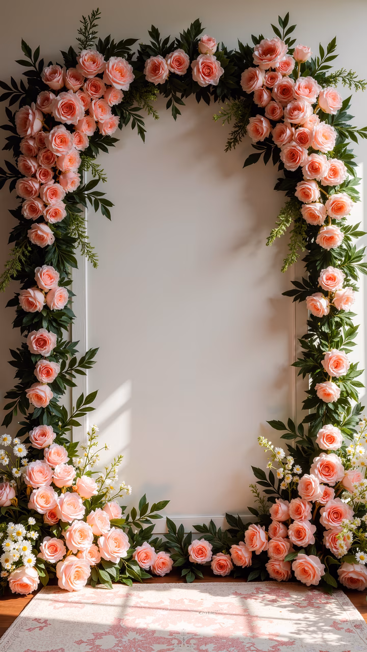 Romantic floral archway with soft pink roses and delicate white flowers, perfect for wedding decor.