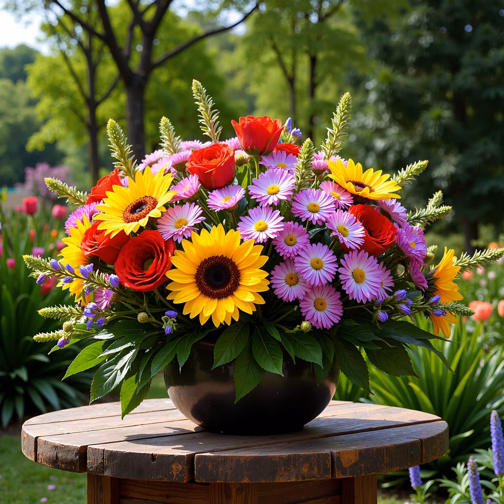 A colorful floral arrangement with sunflowers, roses, and daisies in a garden setting.