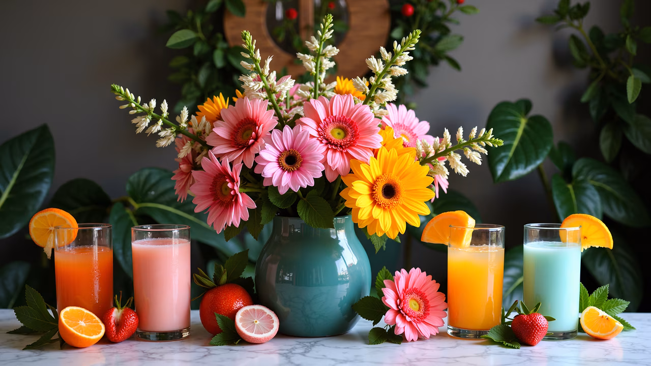 Vibrant floral arrangement with fresh fruits and juices, perfect for food and drink enthusiasts.
