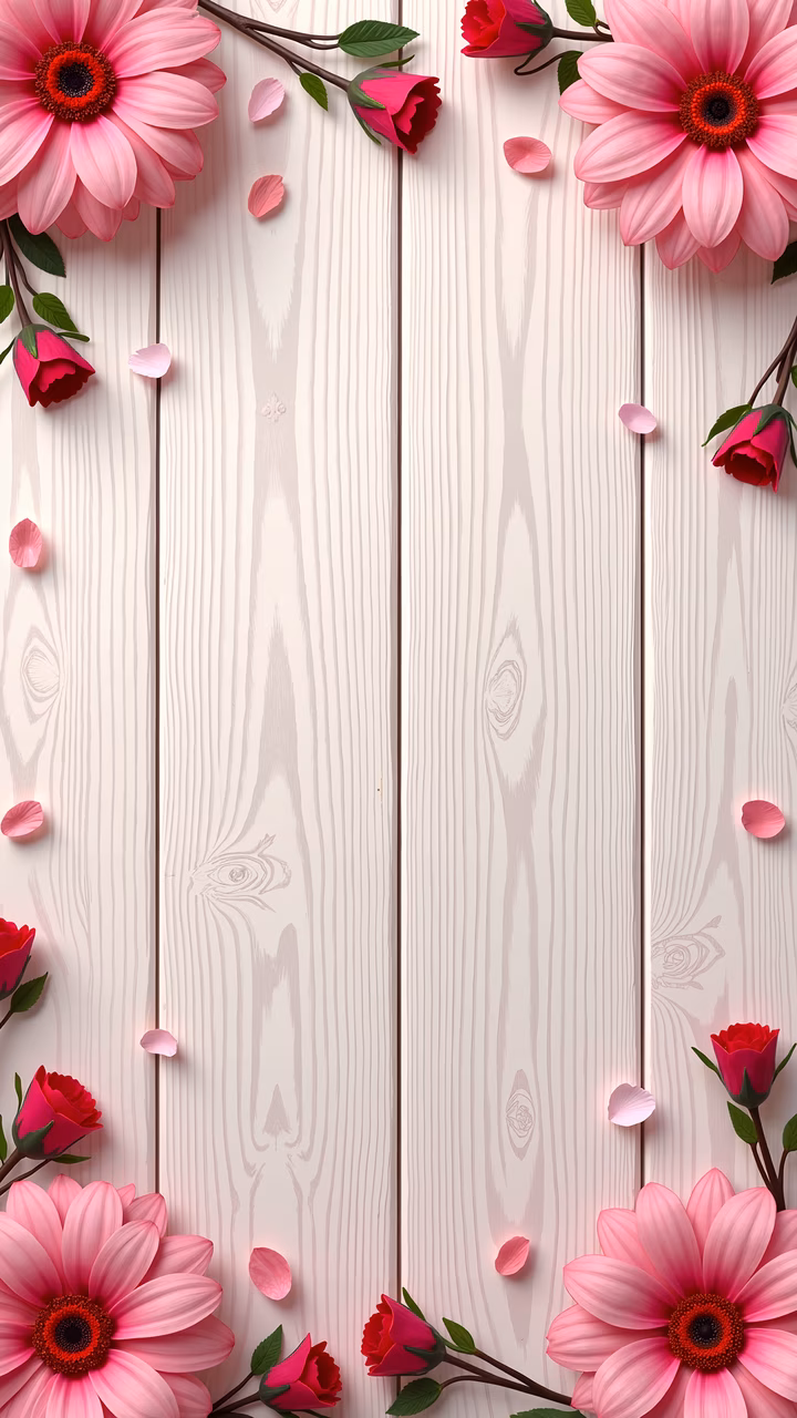 Vibrant pink flowers and petals on a light wooden background create a delicate floral border.