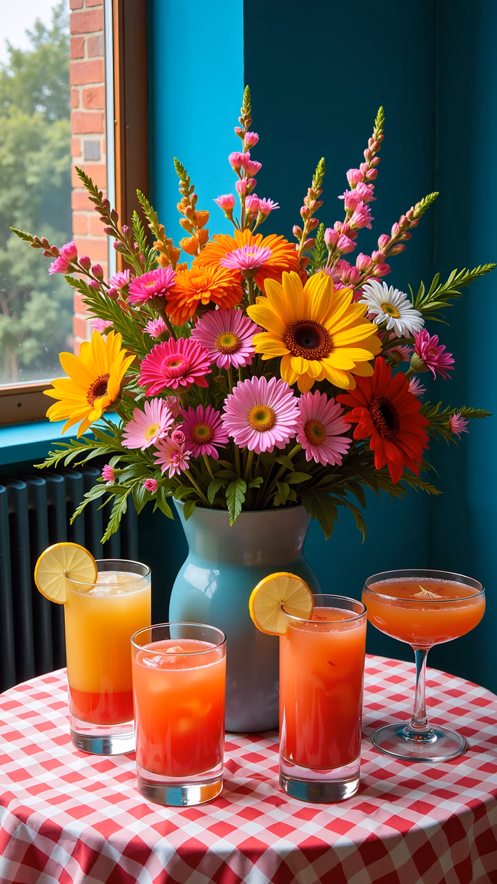 Vibrant floral bouquet and refreshing drinks on a checkered tablecloth, teal vase, red-and-white checkered cloth, refreshing drinks, lemon slices, teal wall, brick frame, cheerful atmosphere.