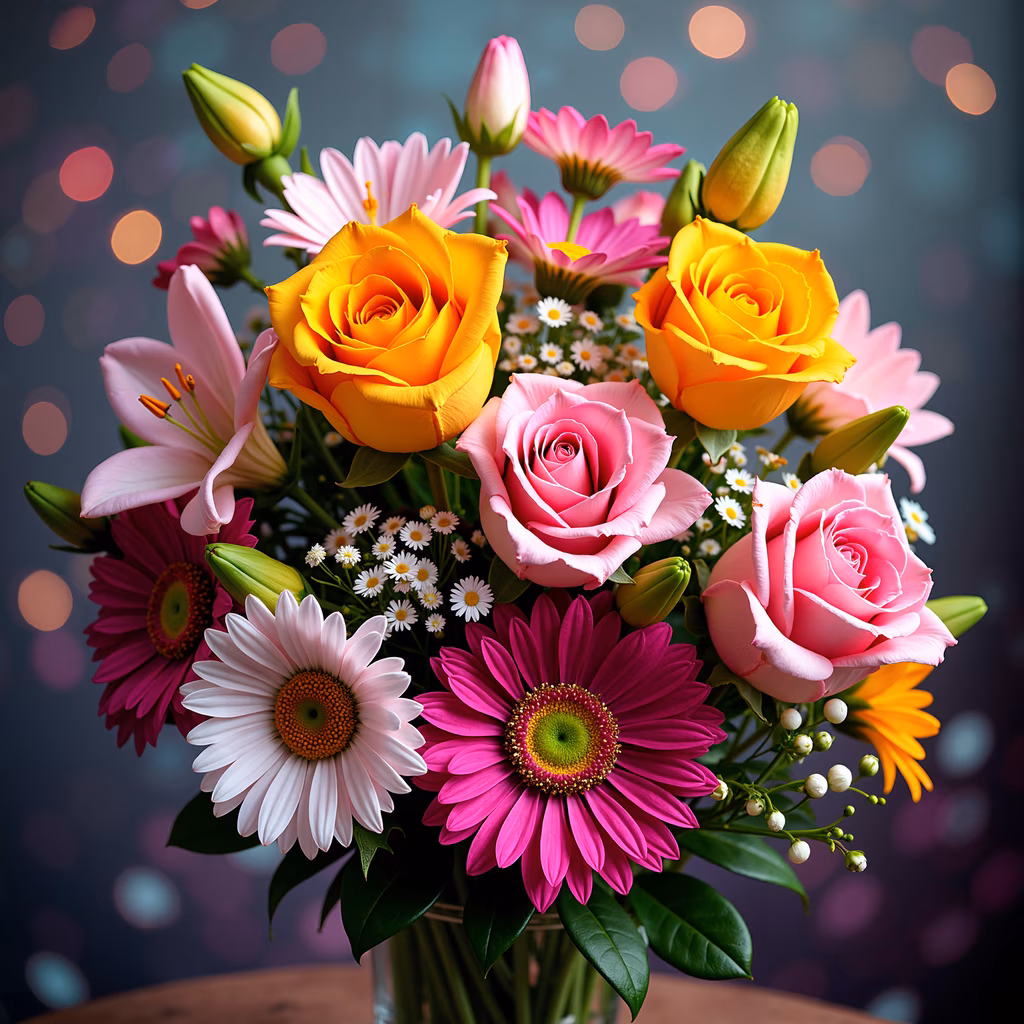 Vibrant floral bouquet illustration featuring roses and daisies against a bokeh background.