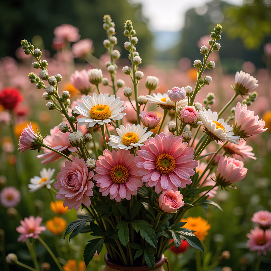 A delicate floral arrangement featuring daisies and roses in soft pastels, evoking tranquility and natural beauty.