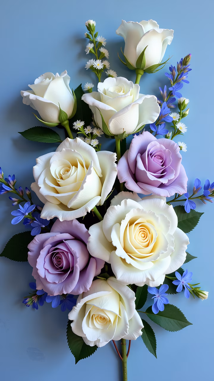A bouquet of roses in various shades, including white and purple, set against a soft blue background.