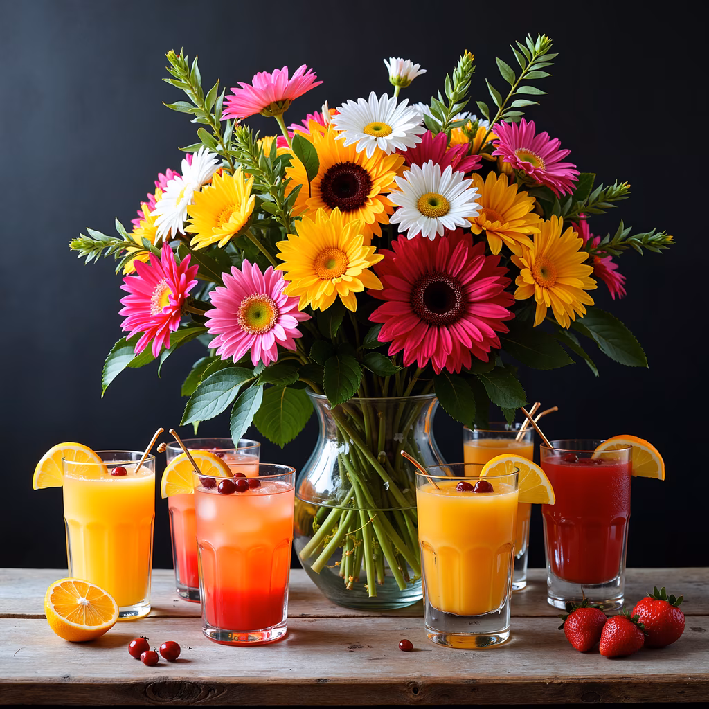 Vibrant floral bouquet with refreshing drinks on a rustic wooden table.