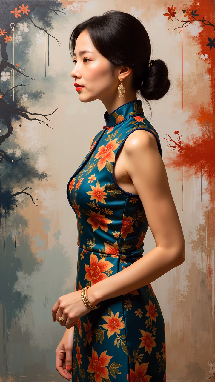 Elegant floral cheongsam portrait with abstract floral motifs