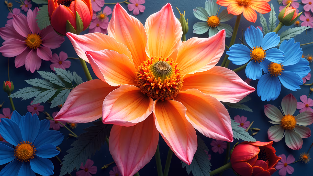 Vibrant floral illustration with a gradient of warm hues and a deep blue background.