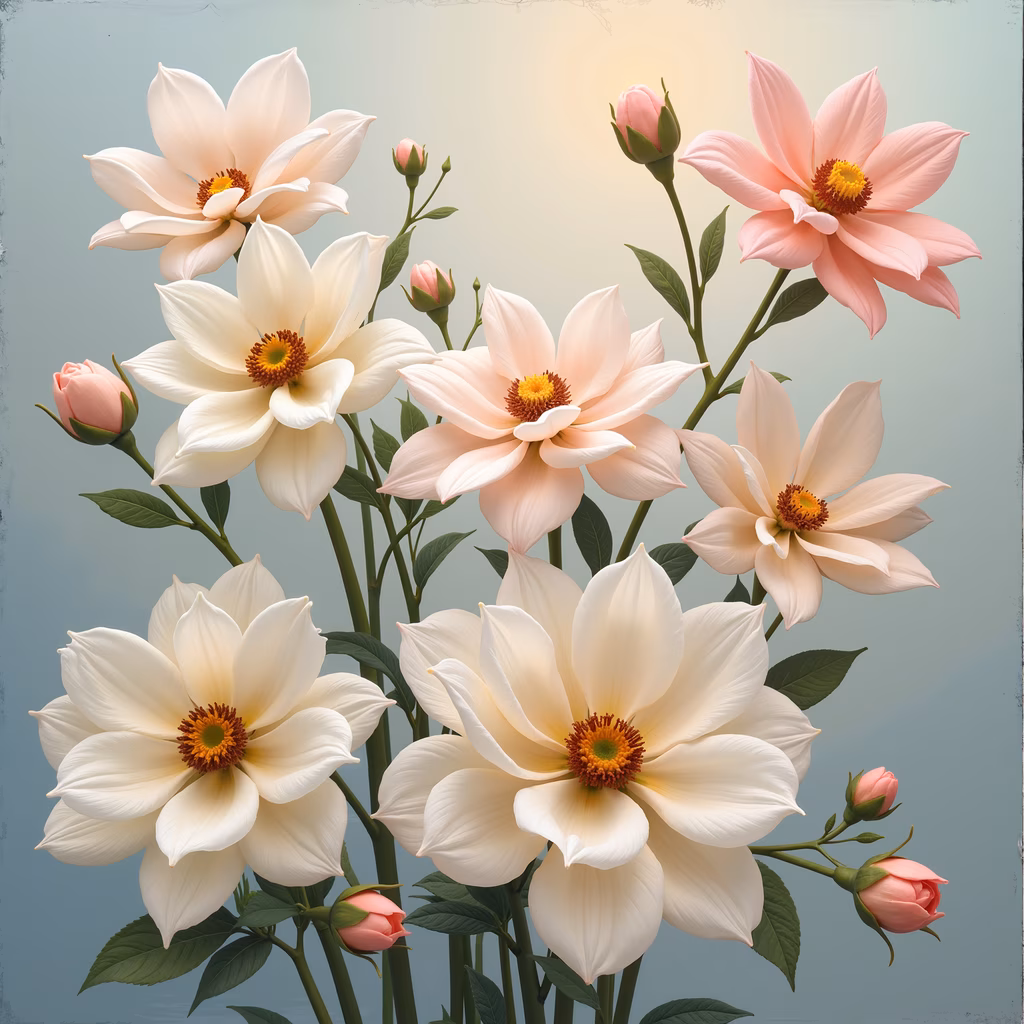 Soft pastel dahlia flowers on a serene blue background