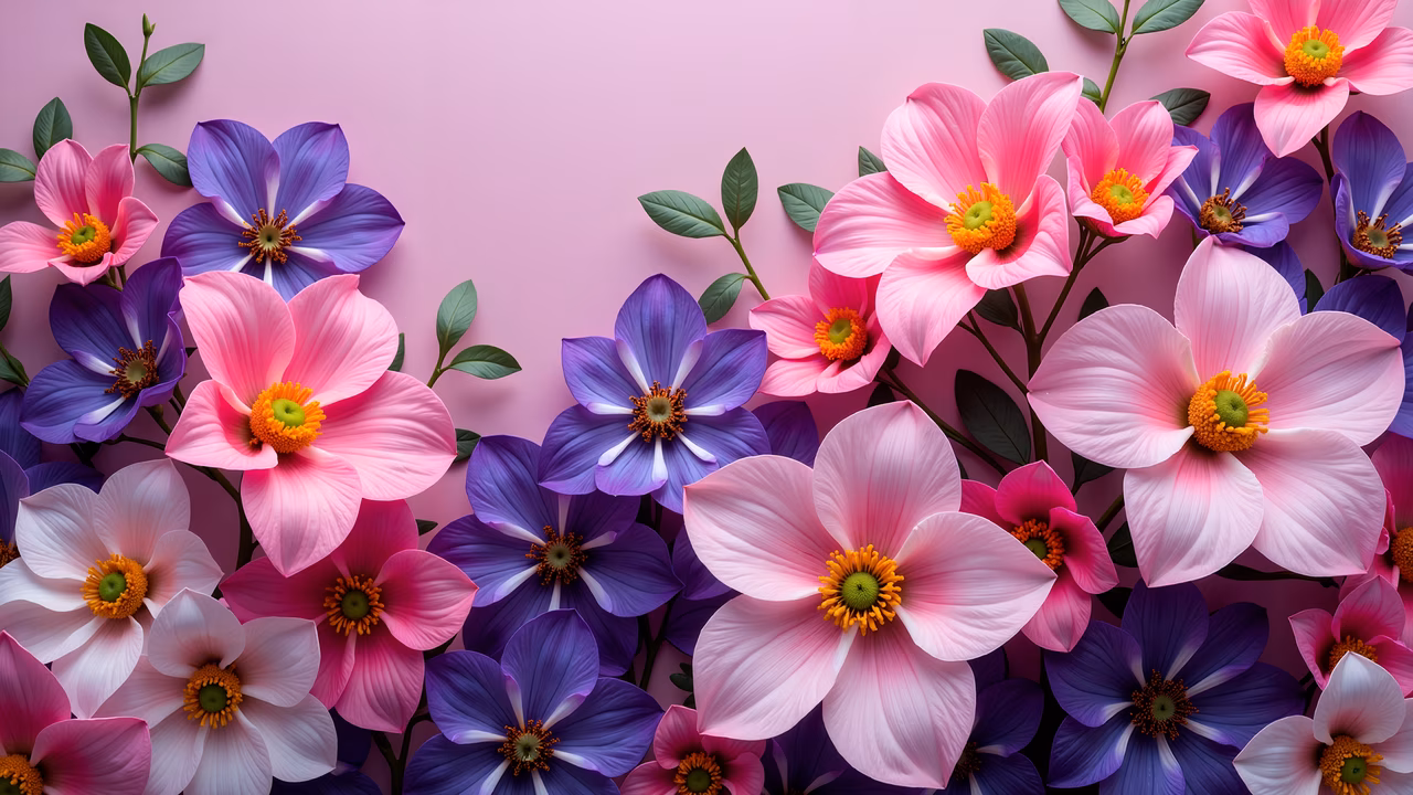 Vibrant floral illustration with pink and purple hues on a soft pink background.