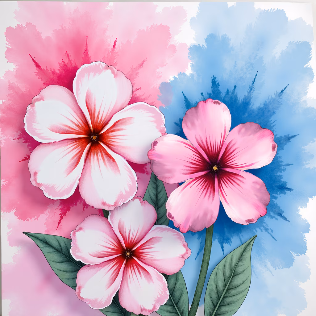 Vibrant floral illustration with soft pink and white petals and dynamic splashes in shades of pink and blue.