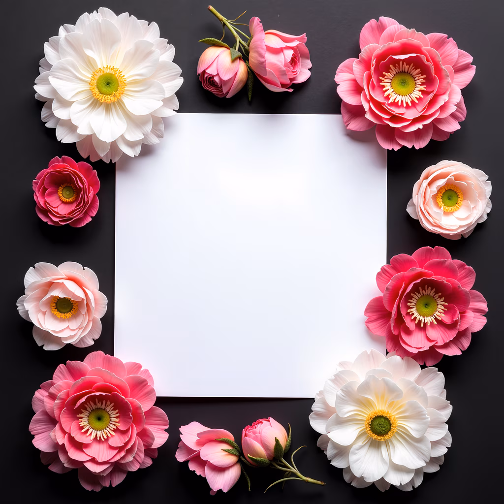 Symmetrical floral frame with vibrant pink and white flowers on a dark background.
