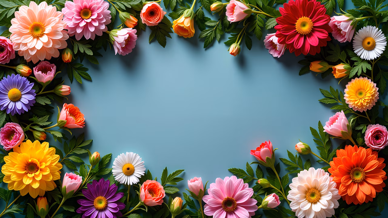Vibrant floral frame illustration featuring daisies and roses on a teal background.