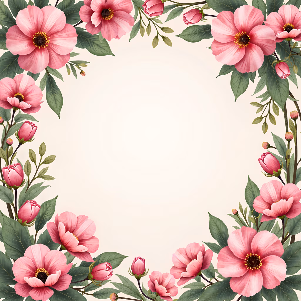 Vibrant floral frame with pink flowers and green leaves, symmetrical design, bright colors, cheerful atmosphere.