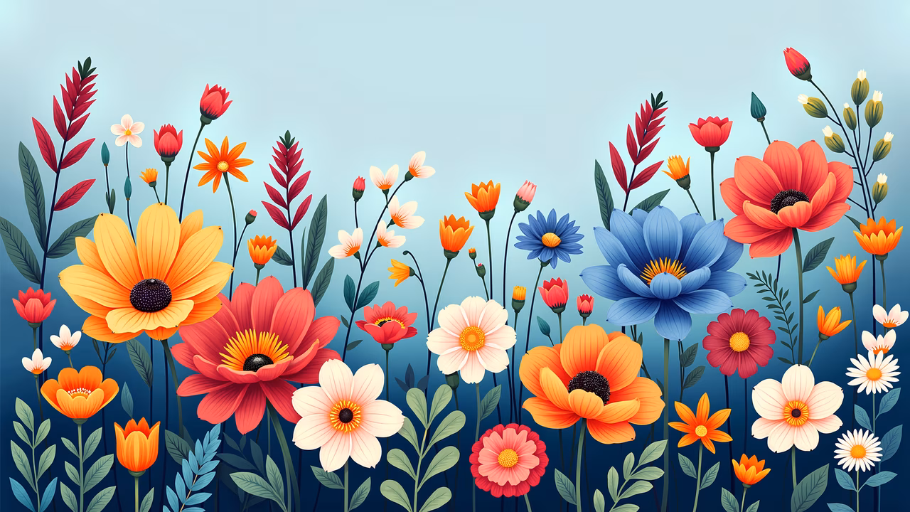 Vibrant floral illustration with a variety of colors and a gradient background.