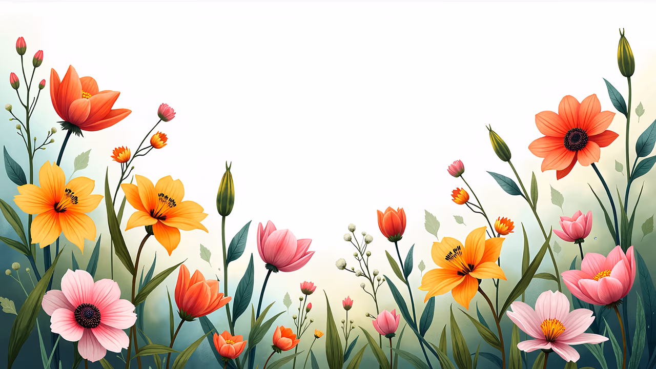 Vibrant floral illustration with colorful blooms and pastel background