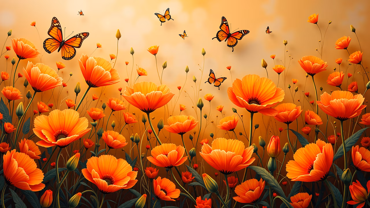 Vibrant floral illustration featuring blooming poppies and butterflies in a serene setting.