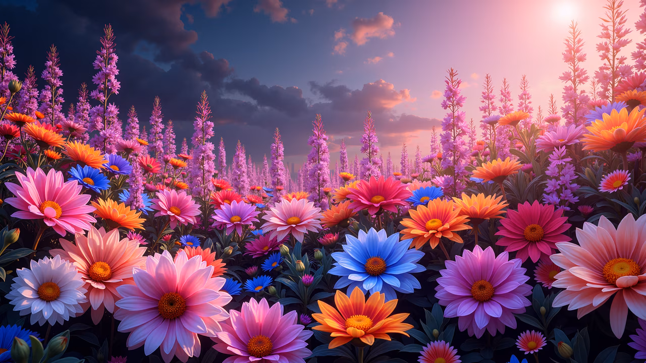 A colorful floral paradise illustration featuring daisies and tall purple blooms under a dreamy sky.