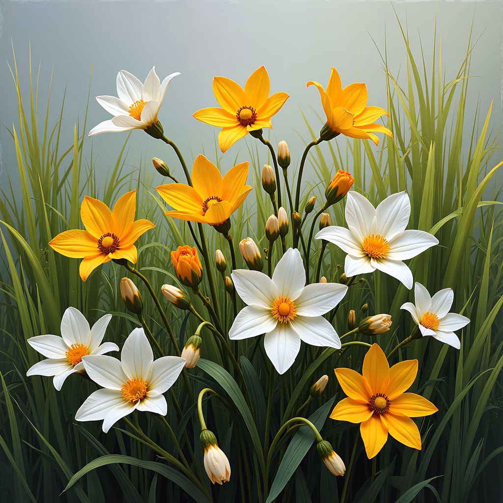 Vibrant floral illustration featuring yellow and white blooms amidst lush greenery, evoking a sense of serenity and natural beauty.
