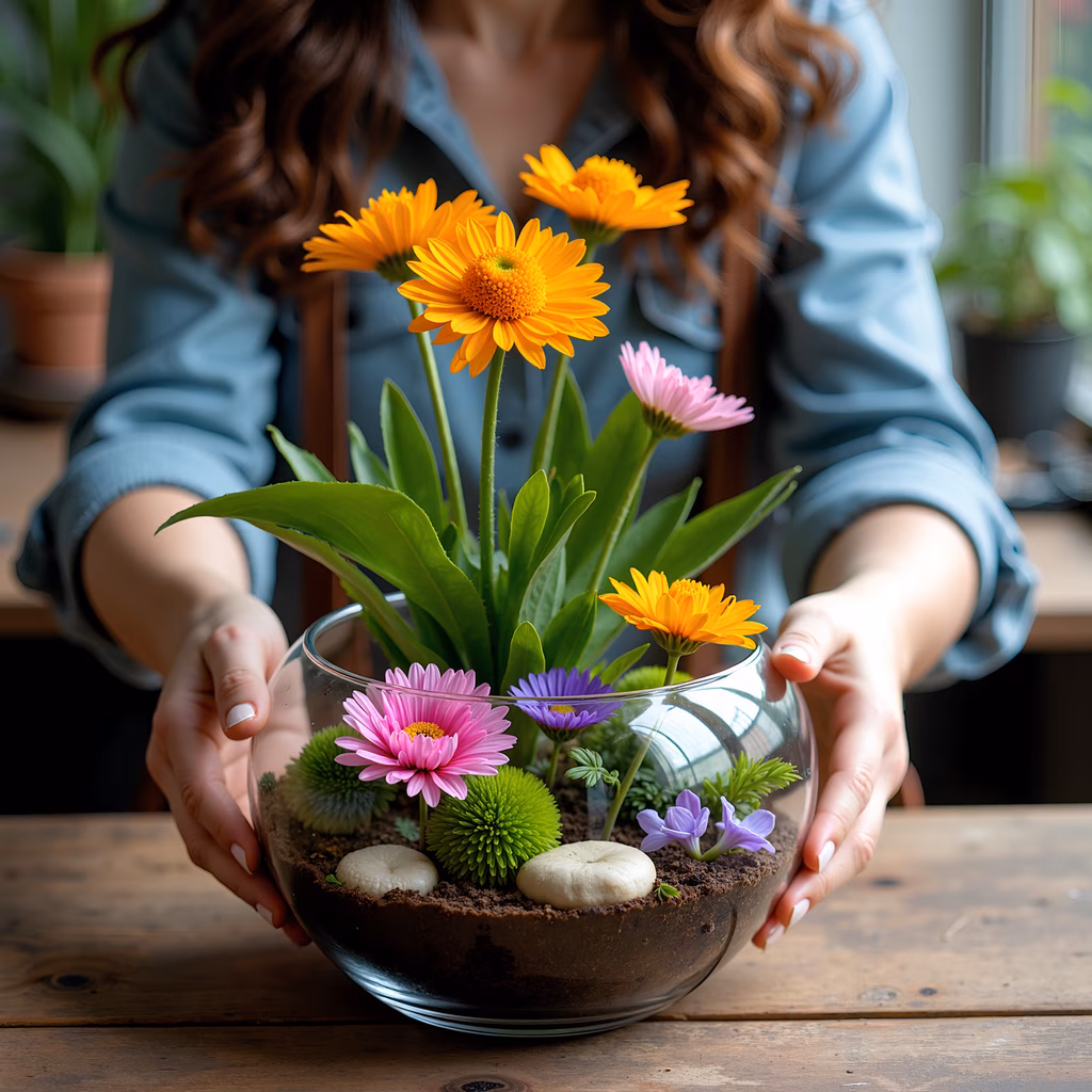 Vibrant flower arrangement in a glass bowl, featuring yellow daisies and pink flowers, set on a wooden table.