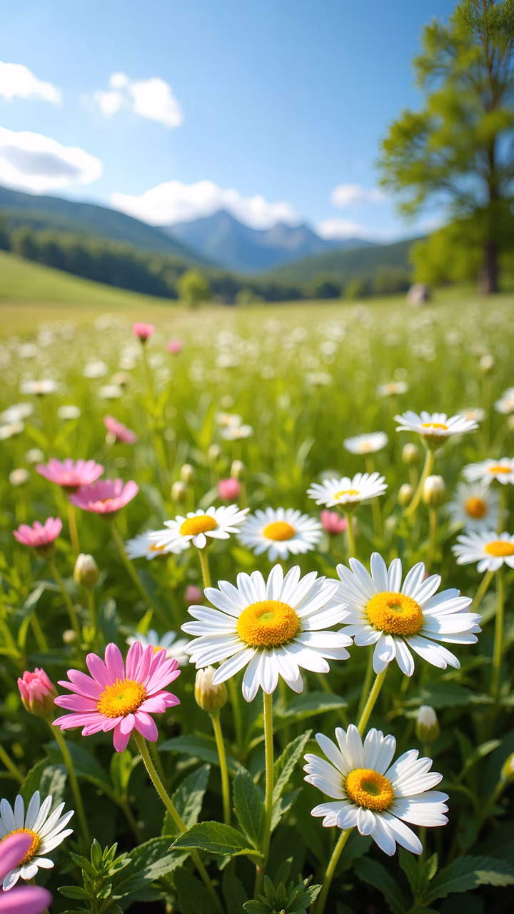 A picturesque landscape featuring a field of daisies and pink flowers under a clear blue sky, with distant mountains in the background.