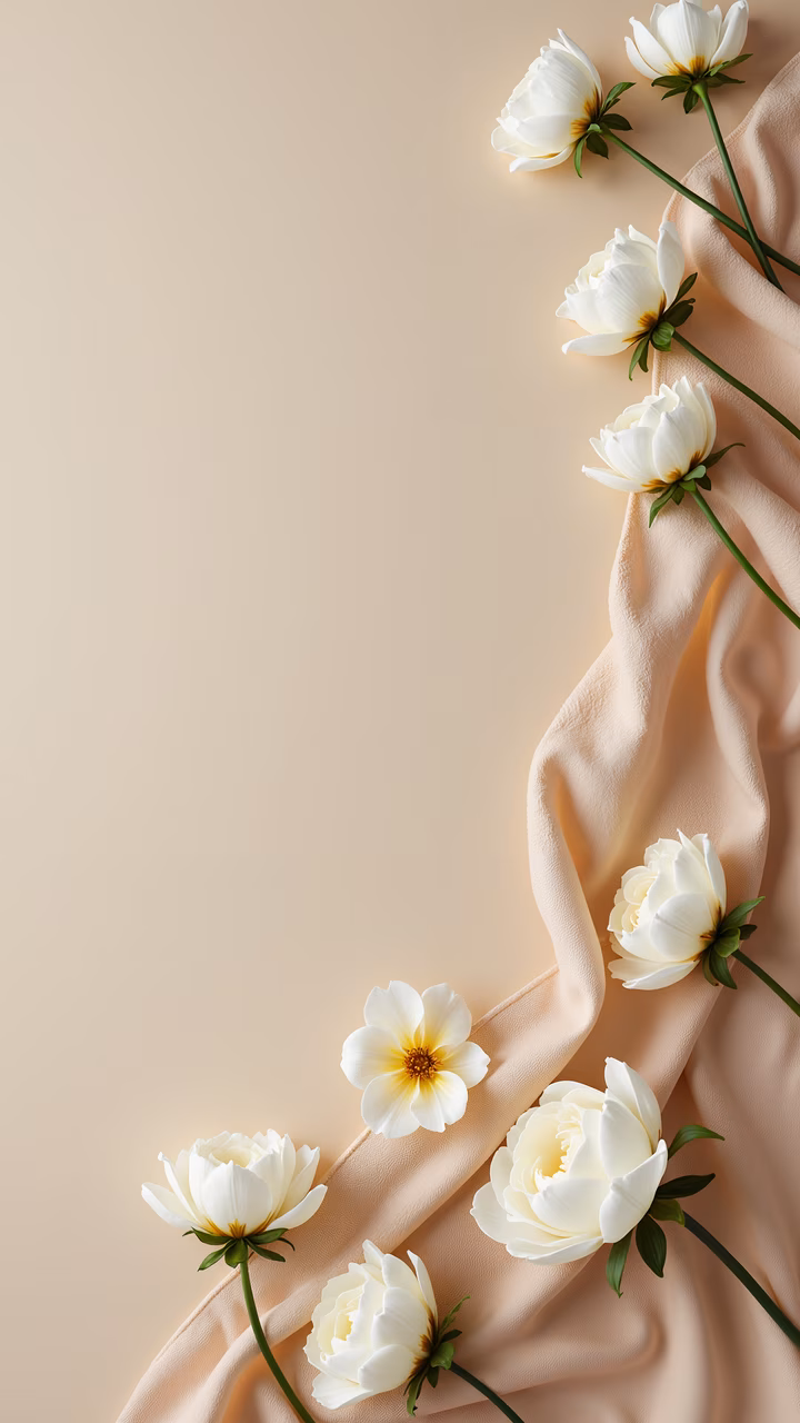 Delicate white flowers on soft peach silk fabric, simple elegance, neutral beige background, soft lighting, luxurious atmosphere
