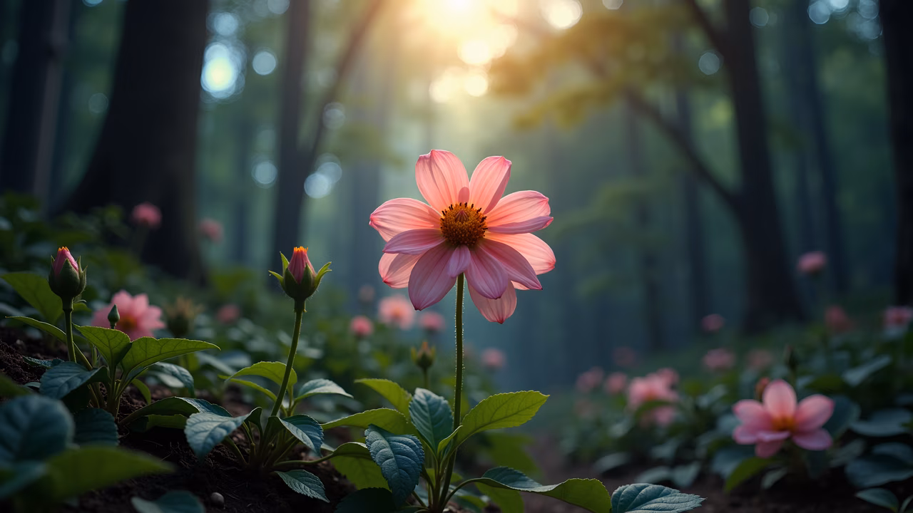 A stunning illustration of a pink dahlia in a forest, showcasing nature's beauty and tranquility.