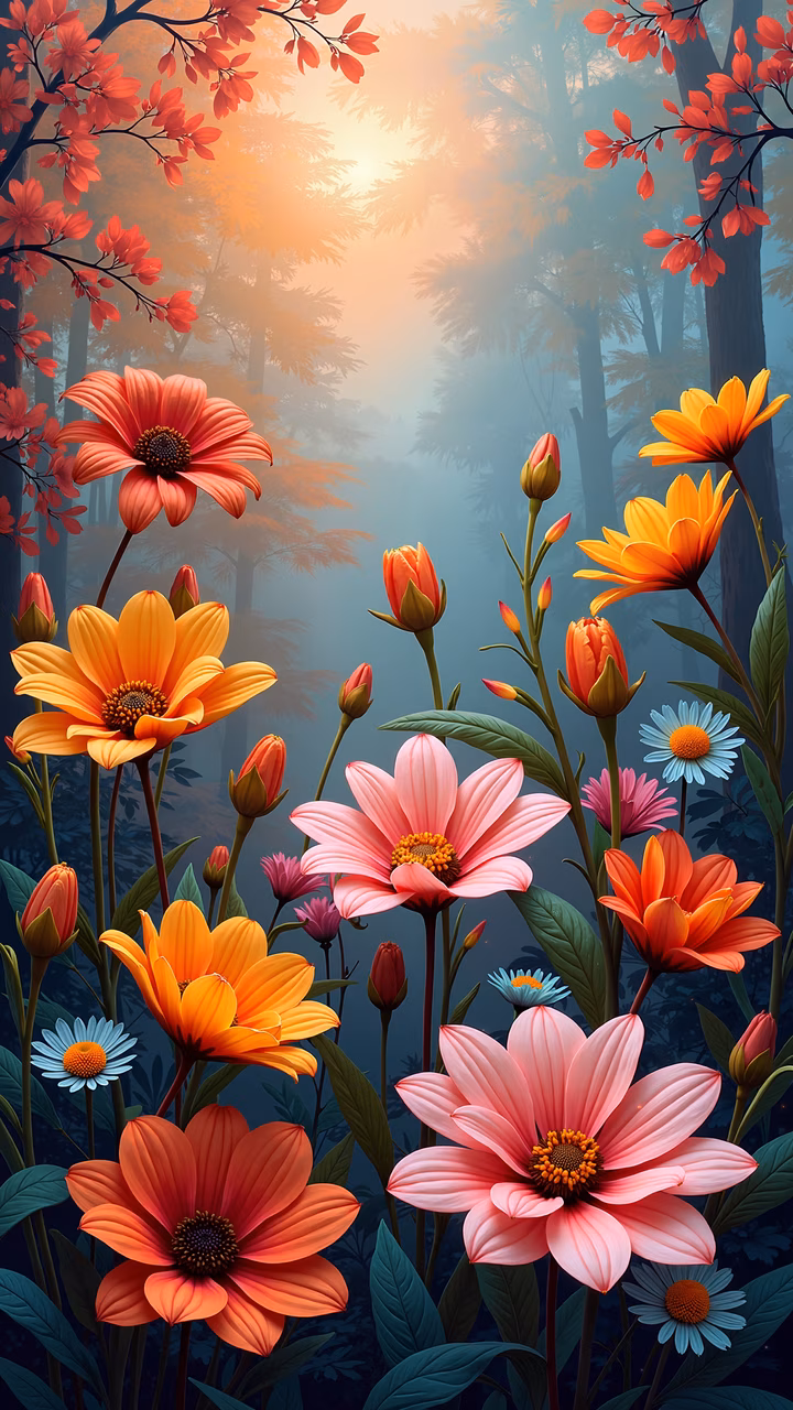 Vibrant forest flowers in a misty woodland setting