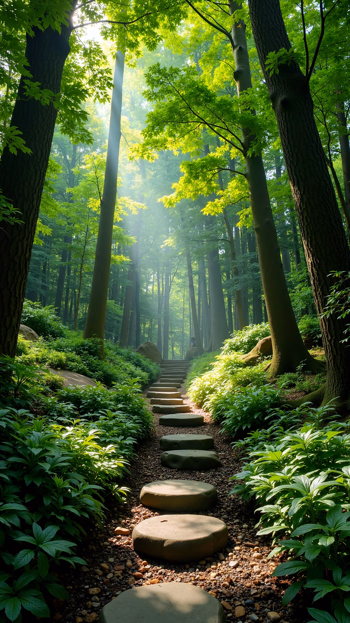 A peaceful forest pathway with stepping stones and lush greenery, illuminated by natural light.