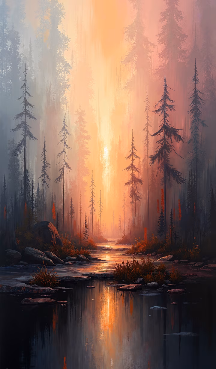 A tranquil forest scene at sunset, featuring tall pine trees and a calm river reflecting the warm hues of the sky.