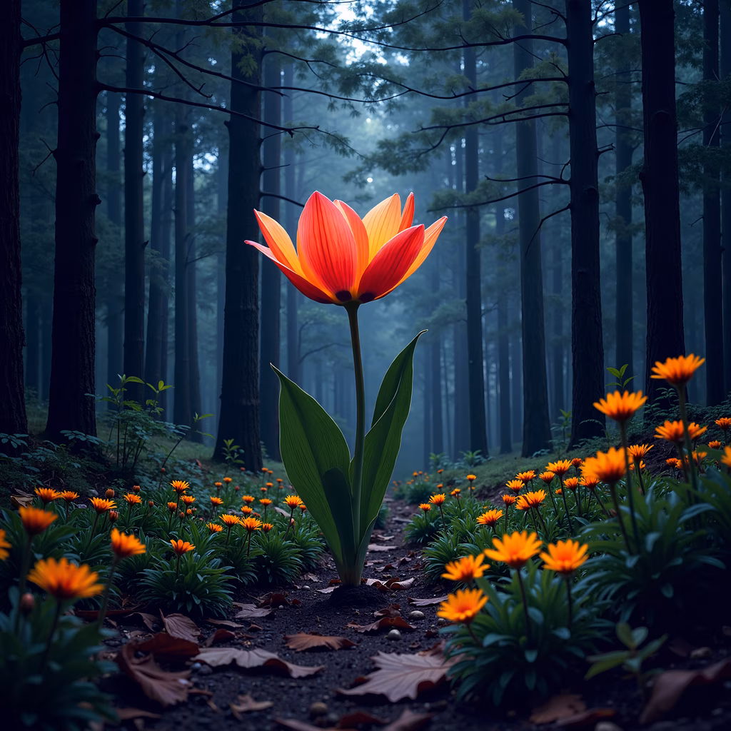 Vibrant orange tulip amidst misty forest, nature illustration