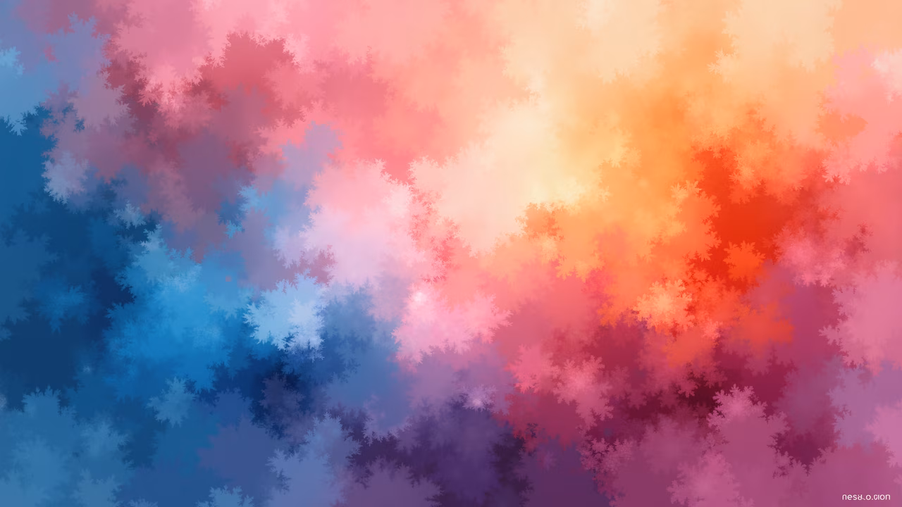 Vibrant fractal pattern with cool blues transitioning to warm oranges and reds, creating a sense of dynamic energy.