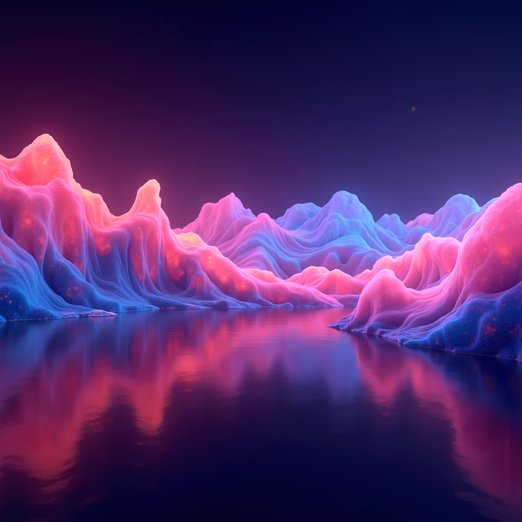 Futuristic landscape with glowing mountains and reflective water, set against a starry sky.