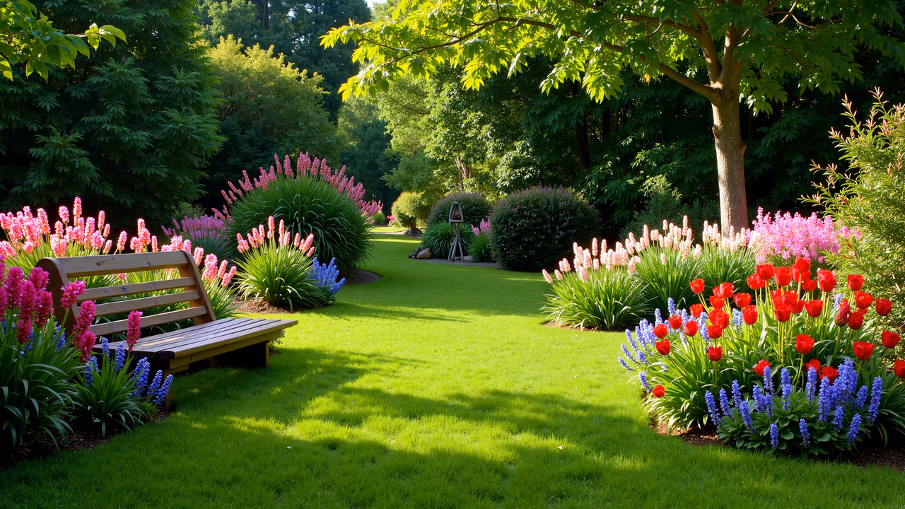 A peaceful garden scene with a wooden bench surrounded by colorful tulips and lush greenery under a sunny sky.