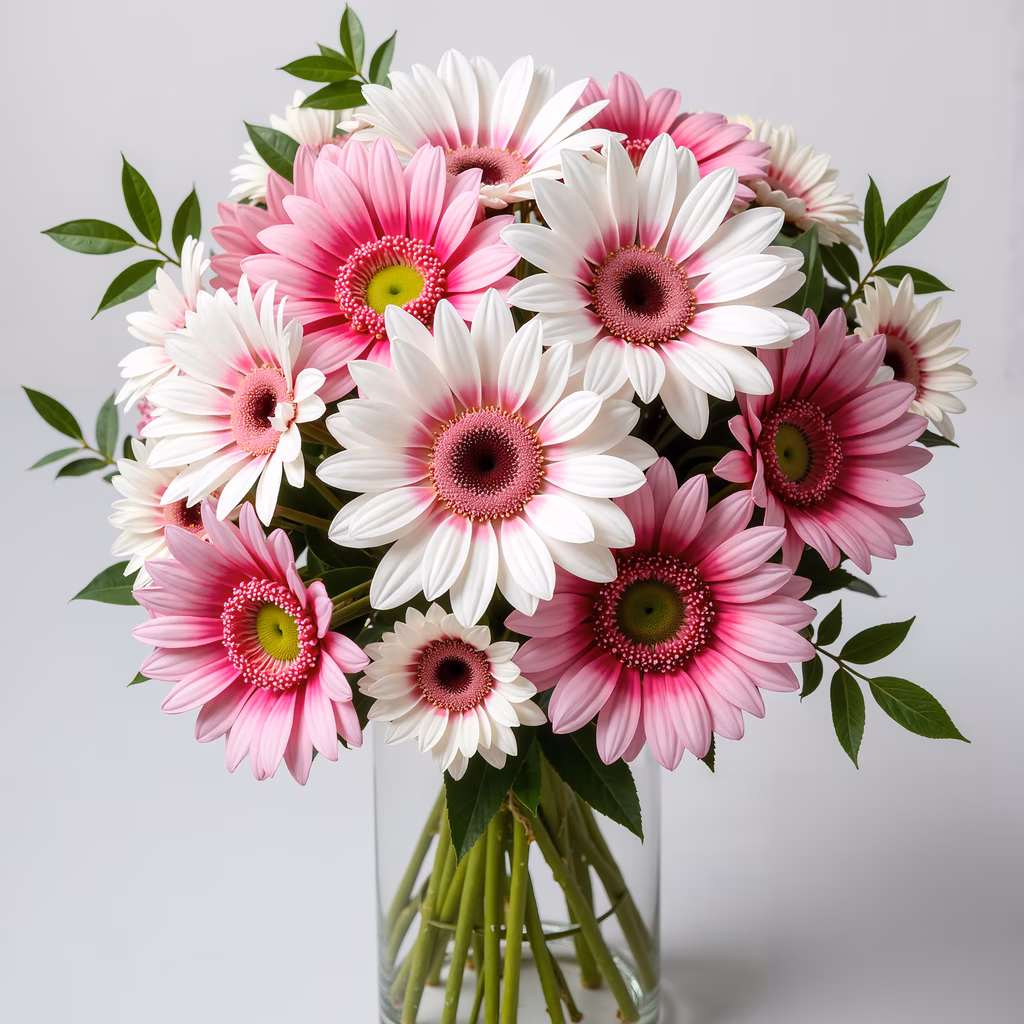 Vibrant gerbera daisy bouquet in shades of pink and white, detailed petals, bright centers, cheerful atmosphere.