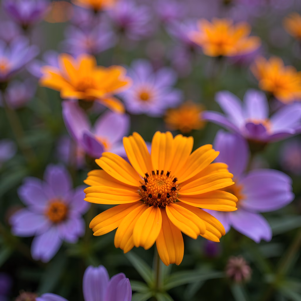 Vibrant yellow daisy amidst soft purple petals, capturing the beauty of nature with sharp focus and depth.