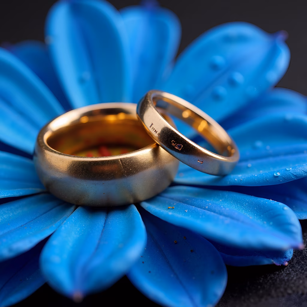 Golden rings on blue petals, wedding jewelry, natural beauty