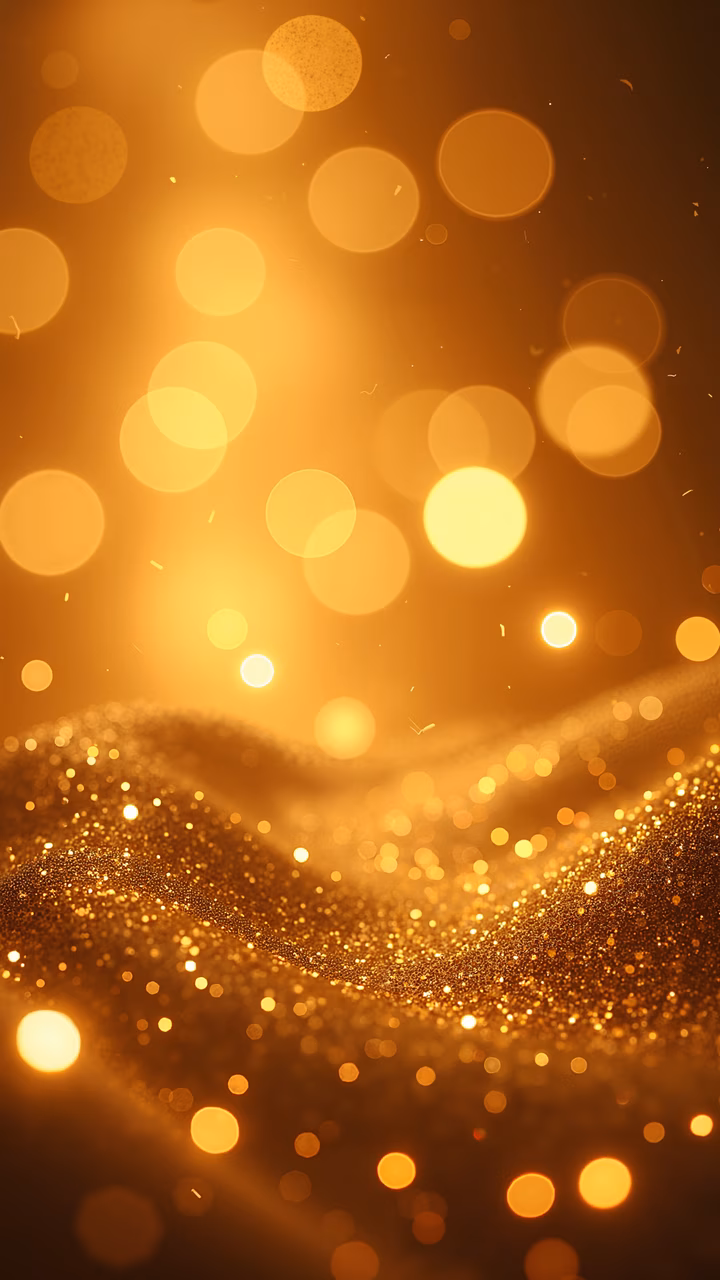 Mesmerizing golden sparkles and bokeh lights create a luxurious and magical atmosphere.