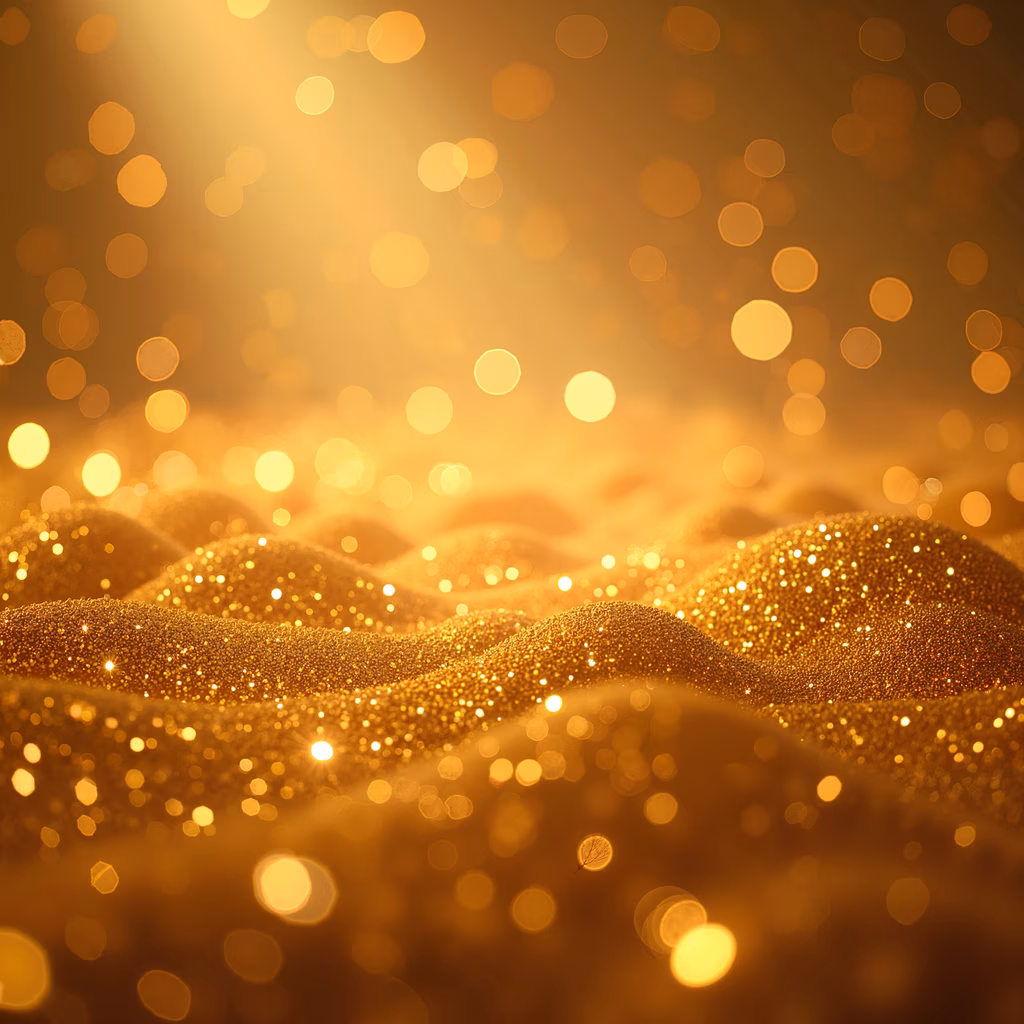 A mesmerizing depiction of a golden desert with sparkling sand and bokeh lights, perfect for abstract art enthusiasts.